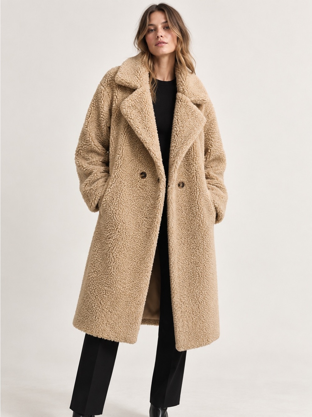 Plush Long Teddy Coat in Beige for Women